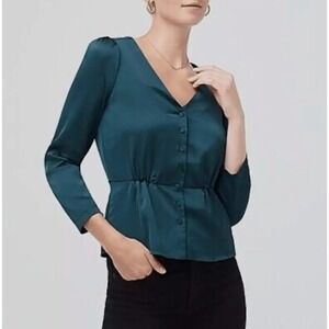 J.Crew Blouse Green Button Front Long Sleeve Top Size 10 Fitted‎ Waist Womens